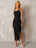 Ribbon Trim Asymmetrical Hem Ruched  Mesh Dress#color_black