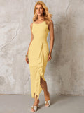 Ribbon Trim Ruched Asymmetrical Hem Mesh Dress#color_yellow