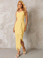 Ribbon Trim Ruched Asymmetrical Hem Mesh Dress#color_yellow