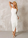Ribbon Trim Ruched Asymmetrical Hem Mesh Dress#color_white