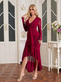 Ribbon Trim Ruched Asymmetrical Hem Mesh Dress#color_wine