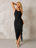 Ribbon Trim Ruched Asymmetrical Hem Mesh Dress#color_black