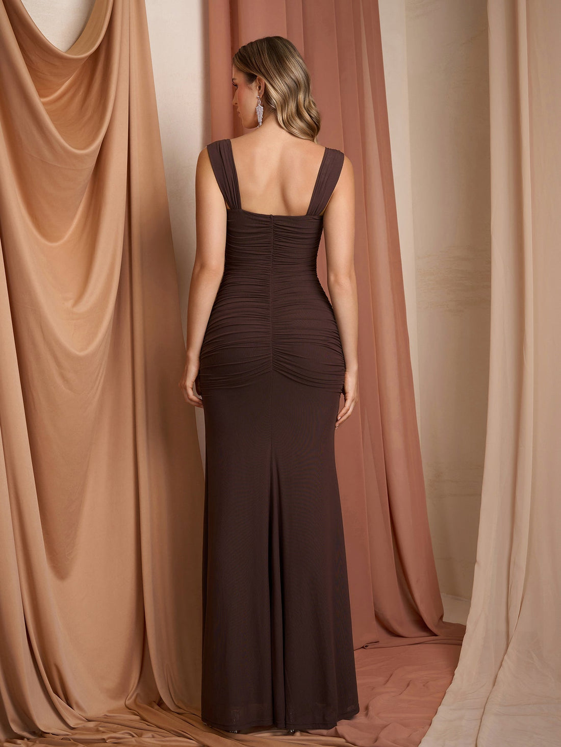 Ruched Split Thigh Mesh Bodycon Dress#color_brown