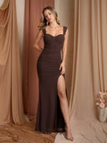 Brown maxi dress with sweetheart neckline and ruched detailing - View 6 | WEUXS
