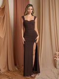 Ruched Split Thigh Mesh Bodycon Dress#color_brown