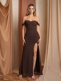 Split Thigh Mesh Ruched Bodycon Dress#color_brown
