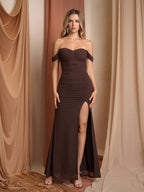 Split Thigh Mesh Ruched Bodycon Dress#color_brown