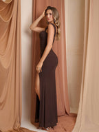 Split Thigh Ruched Mesh Bodycon Dress#color_brown