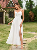 White A-line maxi dress with spaghetti straps, sweetheart neckline, twisted bodice, ruched details, high leg slit, and side pockets. - View 6 | WEUXS