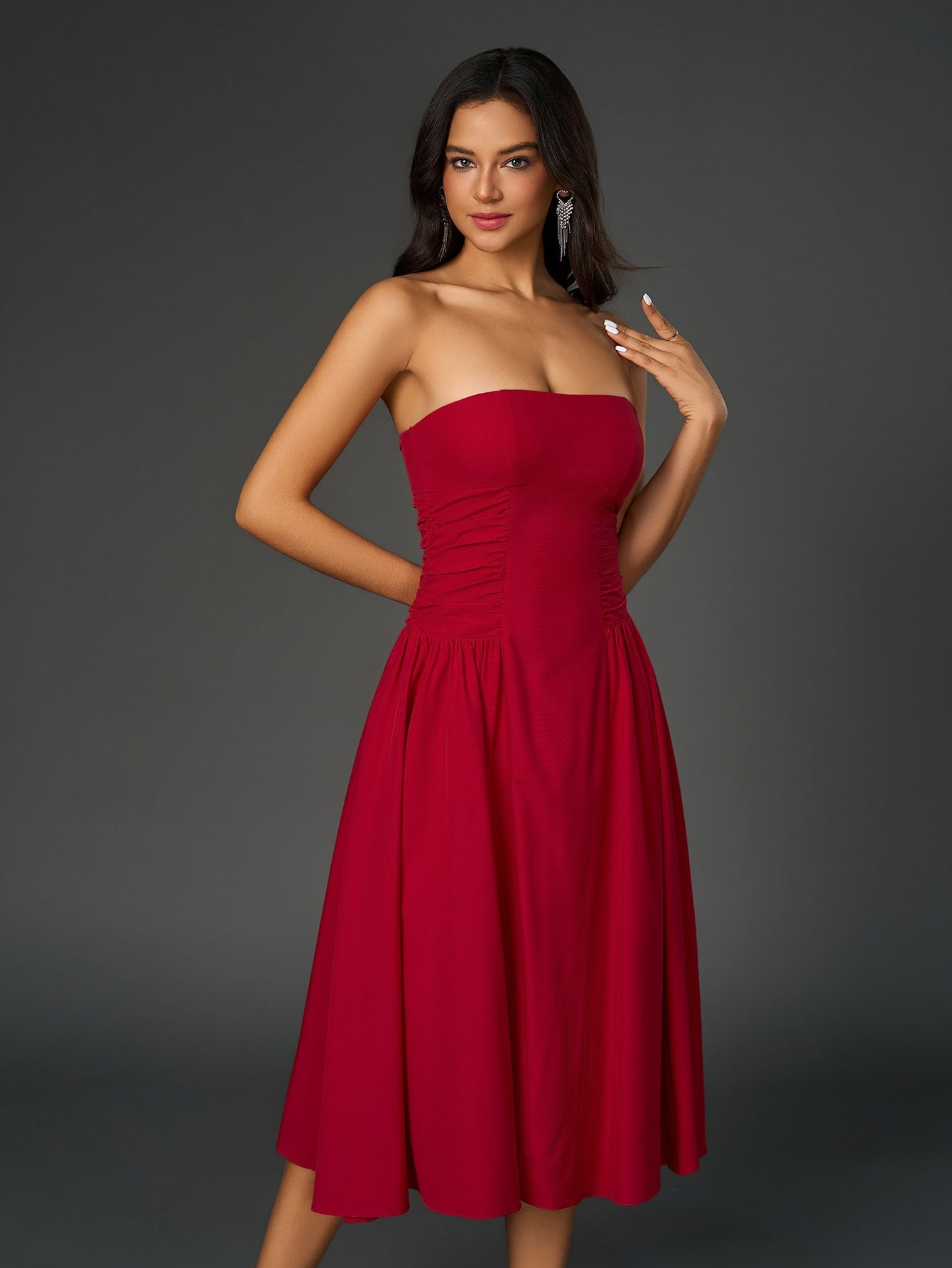 backless waist ruched prom tube dress#color_red