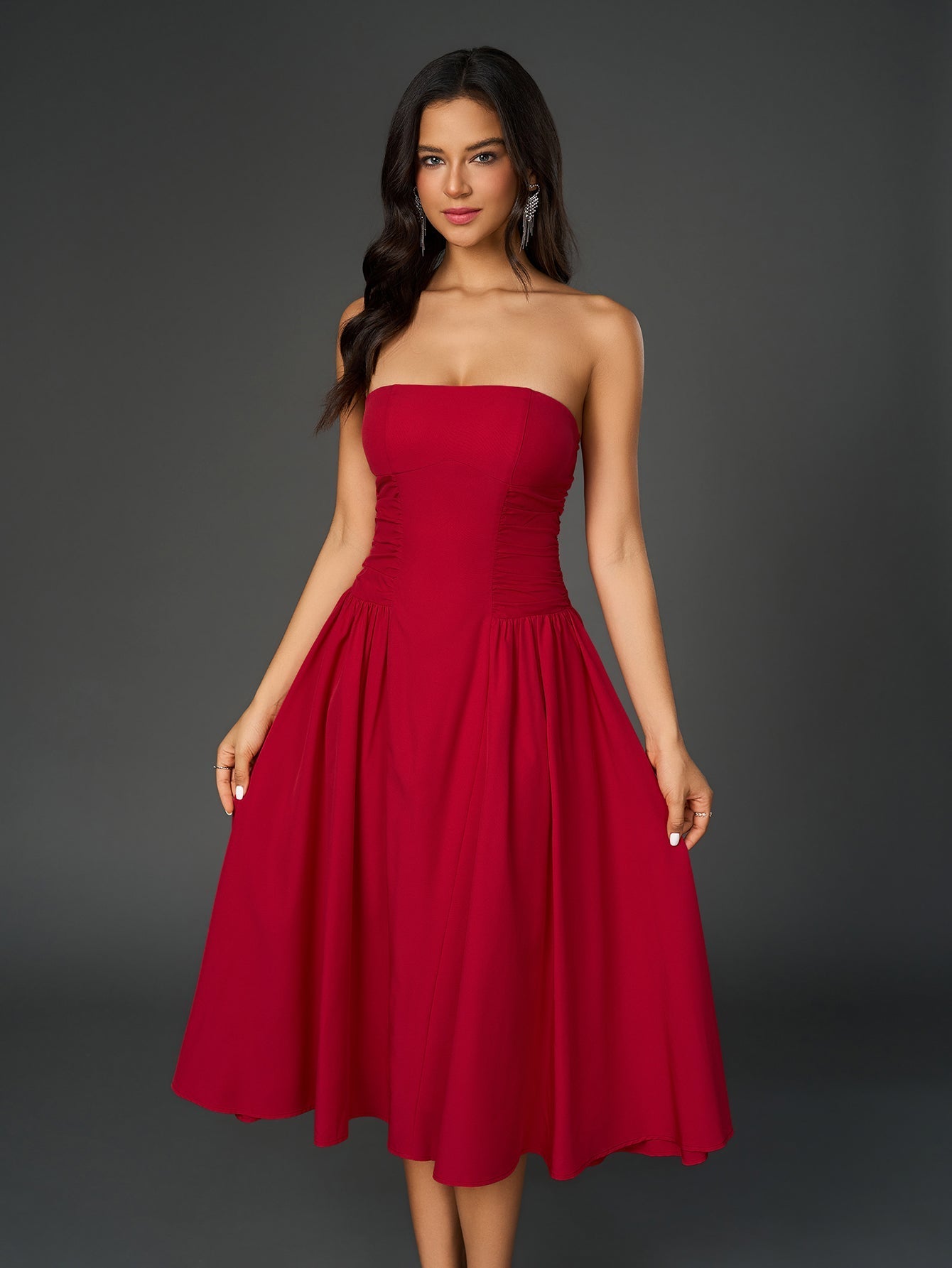 waist backless ruched prom tube dress#color_red