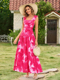 Ruffle Straps Square Neck Backless Floral Print Dress#color_pinkfloral