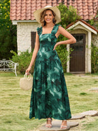 Floral print maxi dress with ruffle straps and square neckline - View 16 | WEUXS