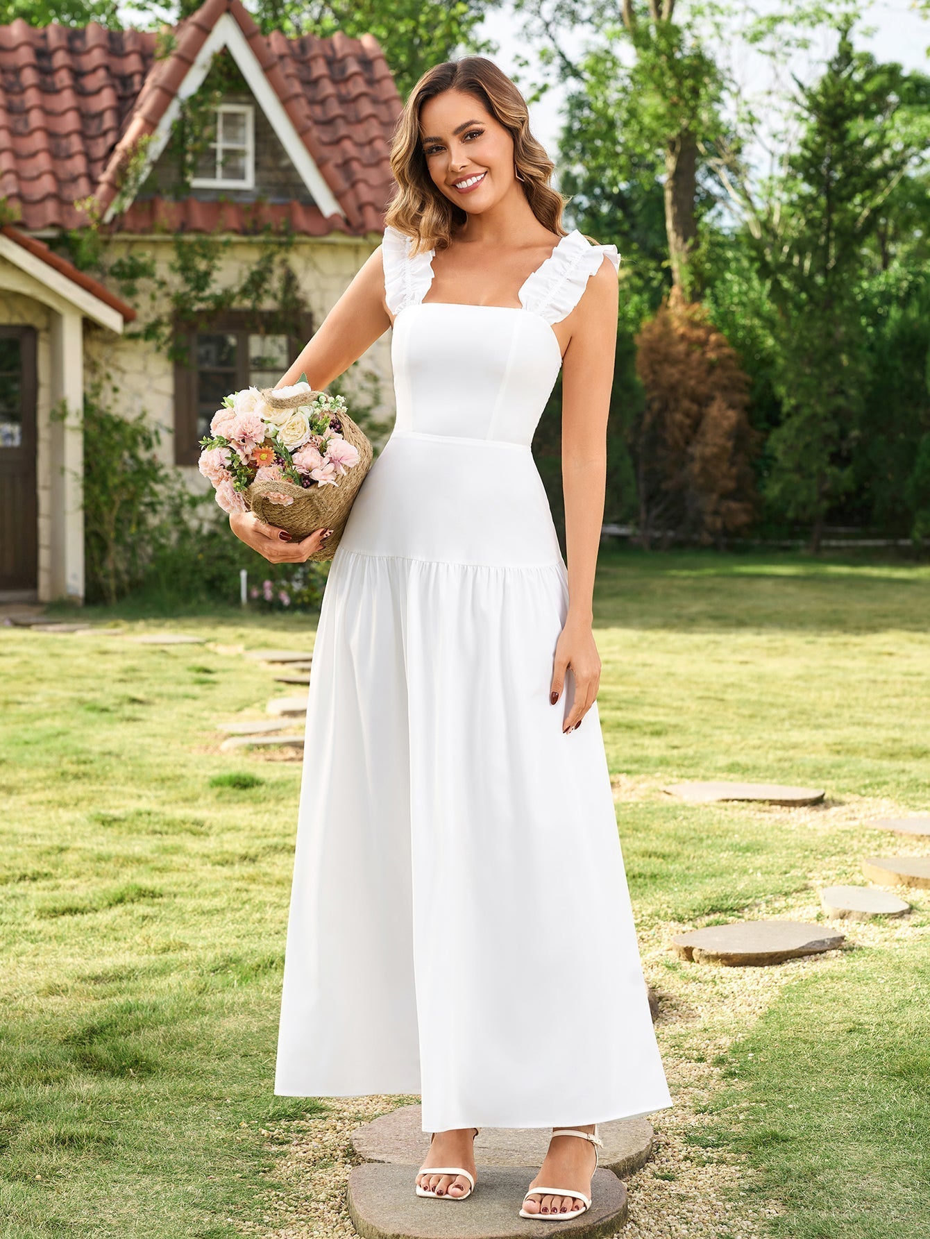 Square Straps Ruffle Neck Backless Maxi Dress#color_white