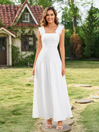 Square Ruffle Straps Neck Backless Maxi Dress#color_white