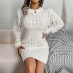 White Cable Knit Mini Sweater Dress - WEUXS