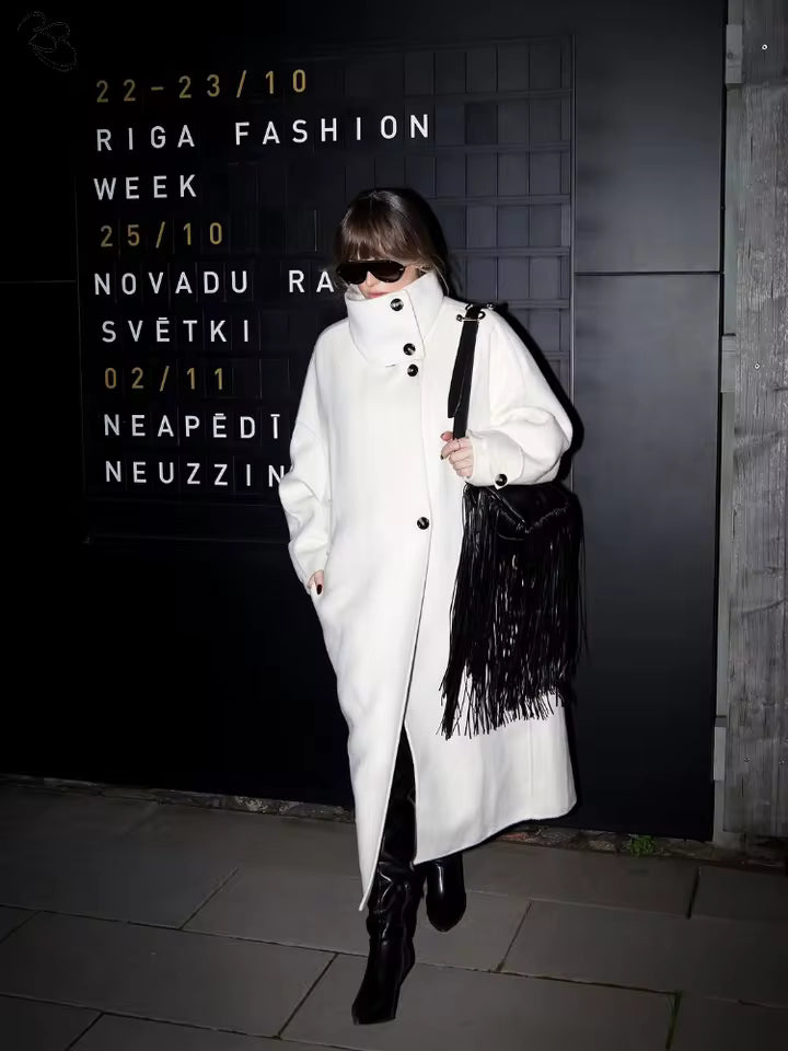 Elegant Funnel Neck Long Wool Blend Coat - Cream White