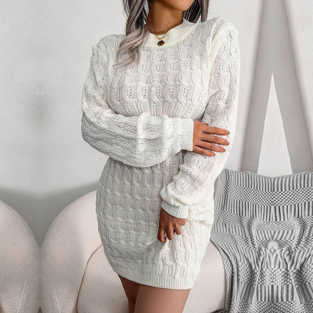White Cable Knit Mini Sweater Dress - WEUXS