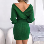 Green knit wrap mini dress with V-neck and bishop sleeves, back view