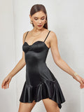 satin zipper corset asymmetrical hem mini dress#color_black
