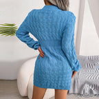 Back view of a woman in a blue knit sheath dress featuring a crew neck and long sleeves.