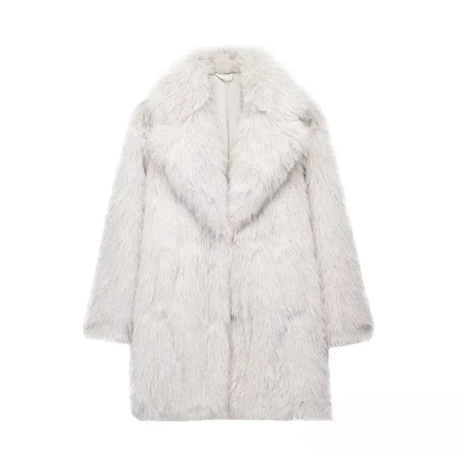 Cream faux fur coat with a notch lapel and long sleeves laid flat against a white background.