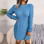Side profile of a woman in a blue knit dress with a crew neck and long sleeves.