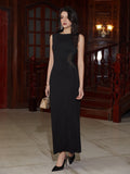 maxi sleeveless see through waist solid dress#color_black