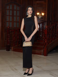 sleeveless maxi see through waist solid dress#color_black