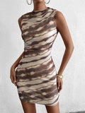 sleeveless floral ruched bodycon dress#color_brown