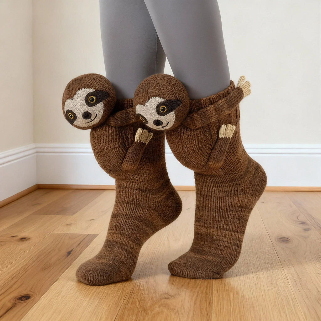 Brown knit ankle socks with attached sloth characters on legs