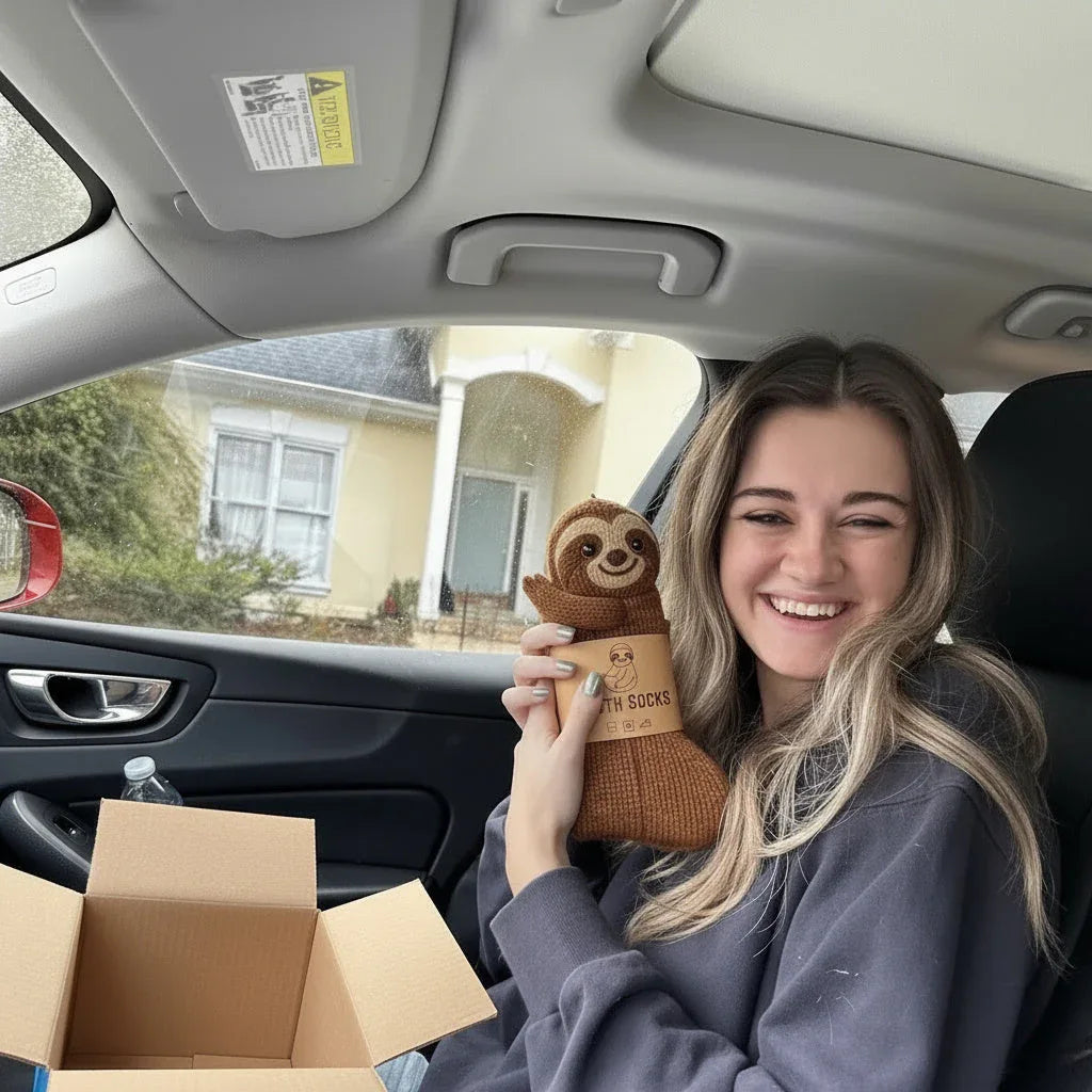 Woman smiling and holding a brown knit sloth sock in a car