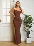 Bodycon Solid Ruched Formal Dress#color_brown