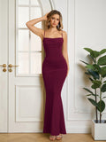 Bodycon Solid Ruched Formal Dress#color_wine