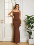 Solid Ruched Bodycon Formal Dress#color_brown