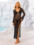 Beige crochet knit maxi dress with V-neck and side slit - View 11 | WEUXS