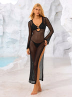 Beige crochet knit maxi dress with V-neck and side slit - View 11 | WEUXS