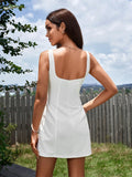 Back view of a woman in a white sleeveless square neck mini dress