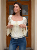 Beige lace tie front top with flared sleeves - View 6 | WEUXS