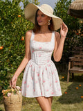 Neck Square Lace Trim Tie Back Floral Print Mini Dress#color_whitefloral