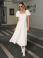 Square neck puff sleeve ruched bust midi dress - View 6 | WEUXS