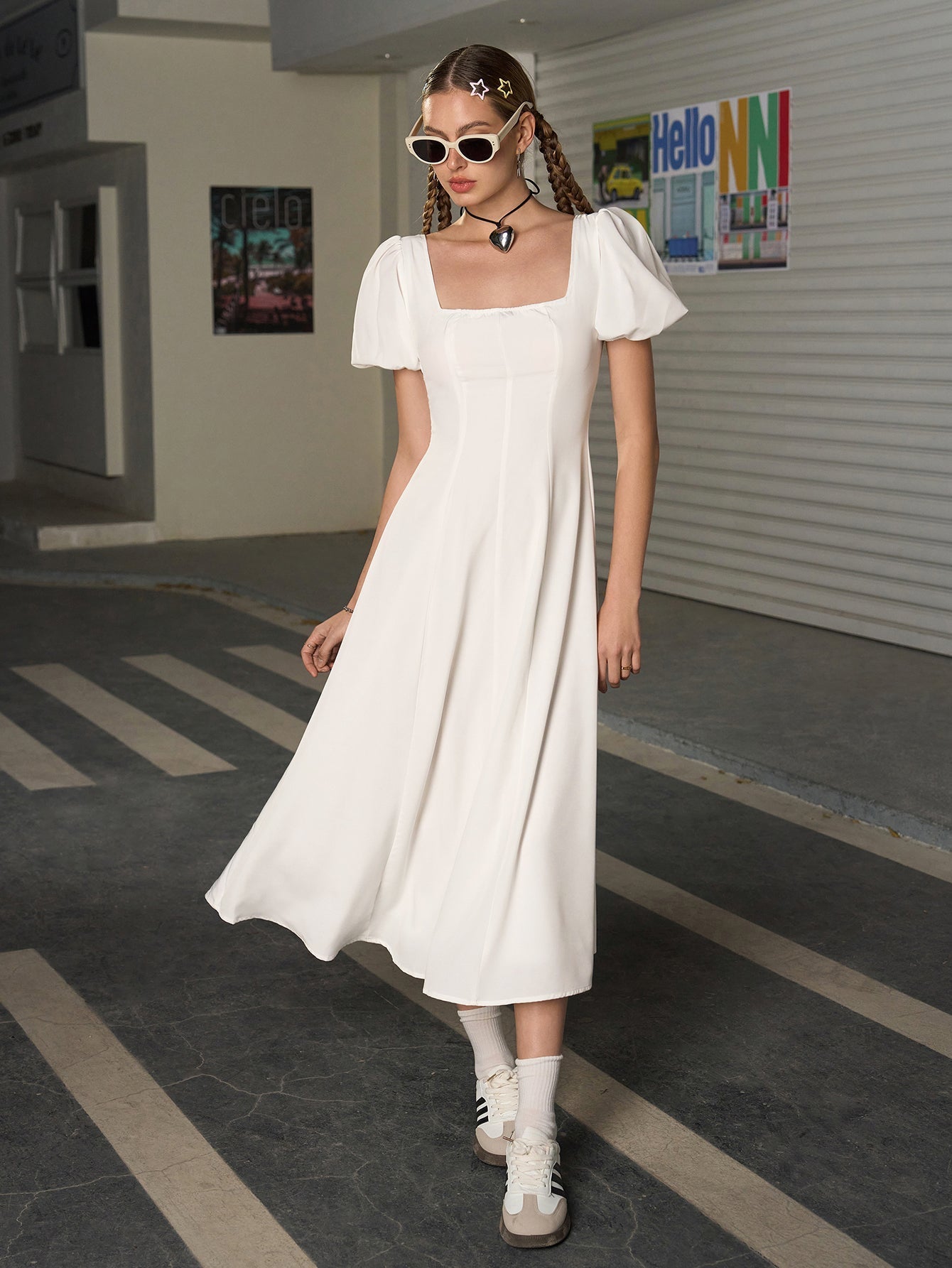 Square neck puff sleeve ruched bust midi dress - View 6 | WEUXS