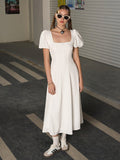 puff sleeve ruched bust square neck midi dress#color_white