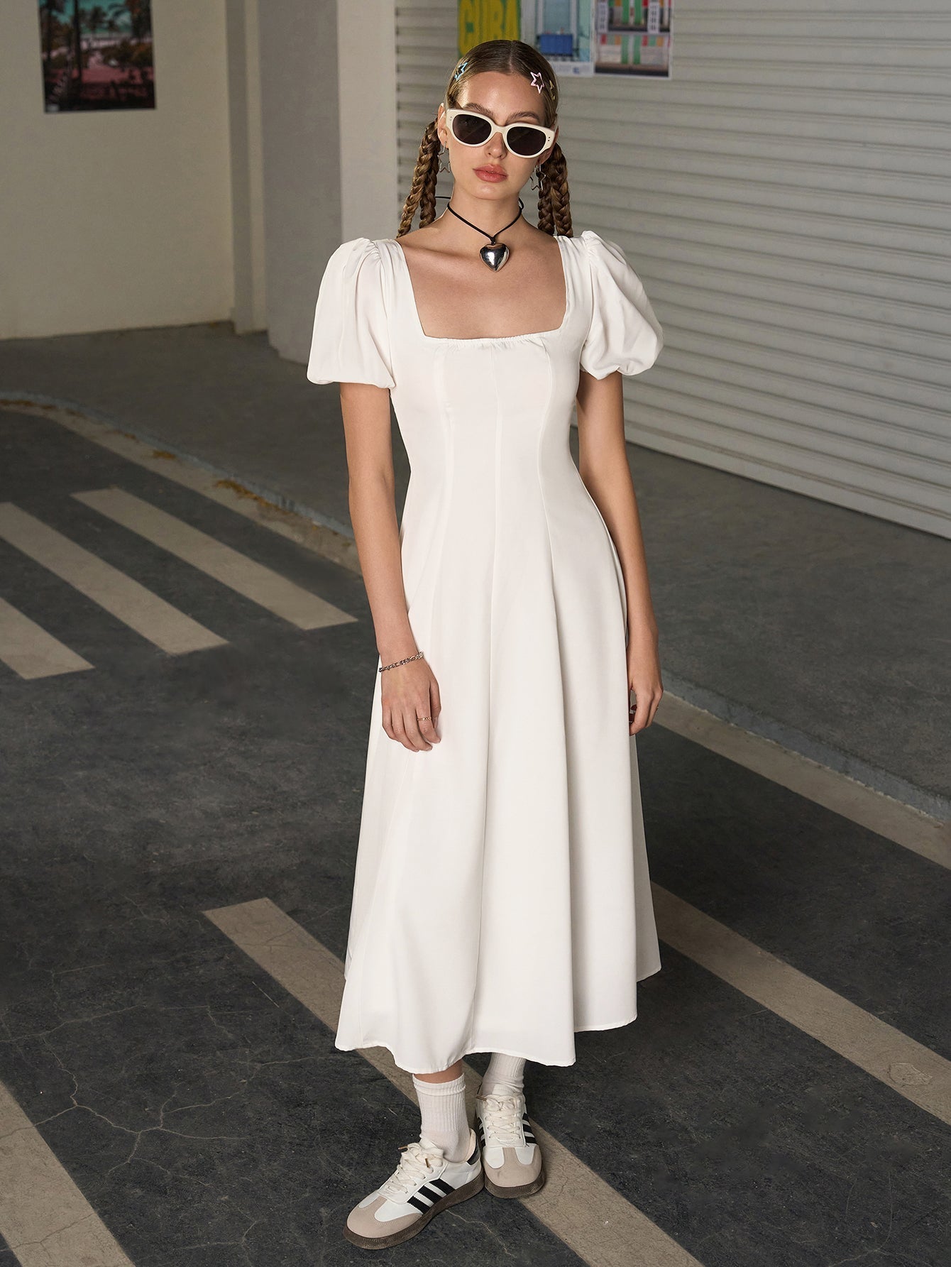 puff sleeve ruched bust square neck midi dress#color_white