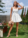 ruched bust bodycon square neck dress#color_white