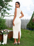 back view of woman in white sleeveless ribbed knit midi dress