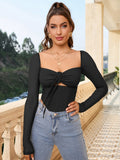 Ribbed Knit Square Neck Tie Front Crop Top - View 6 | WEUXS