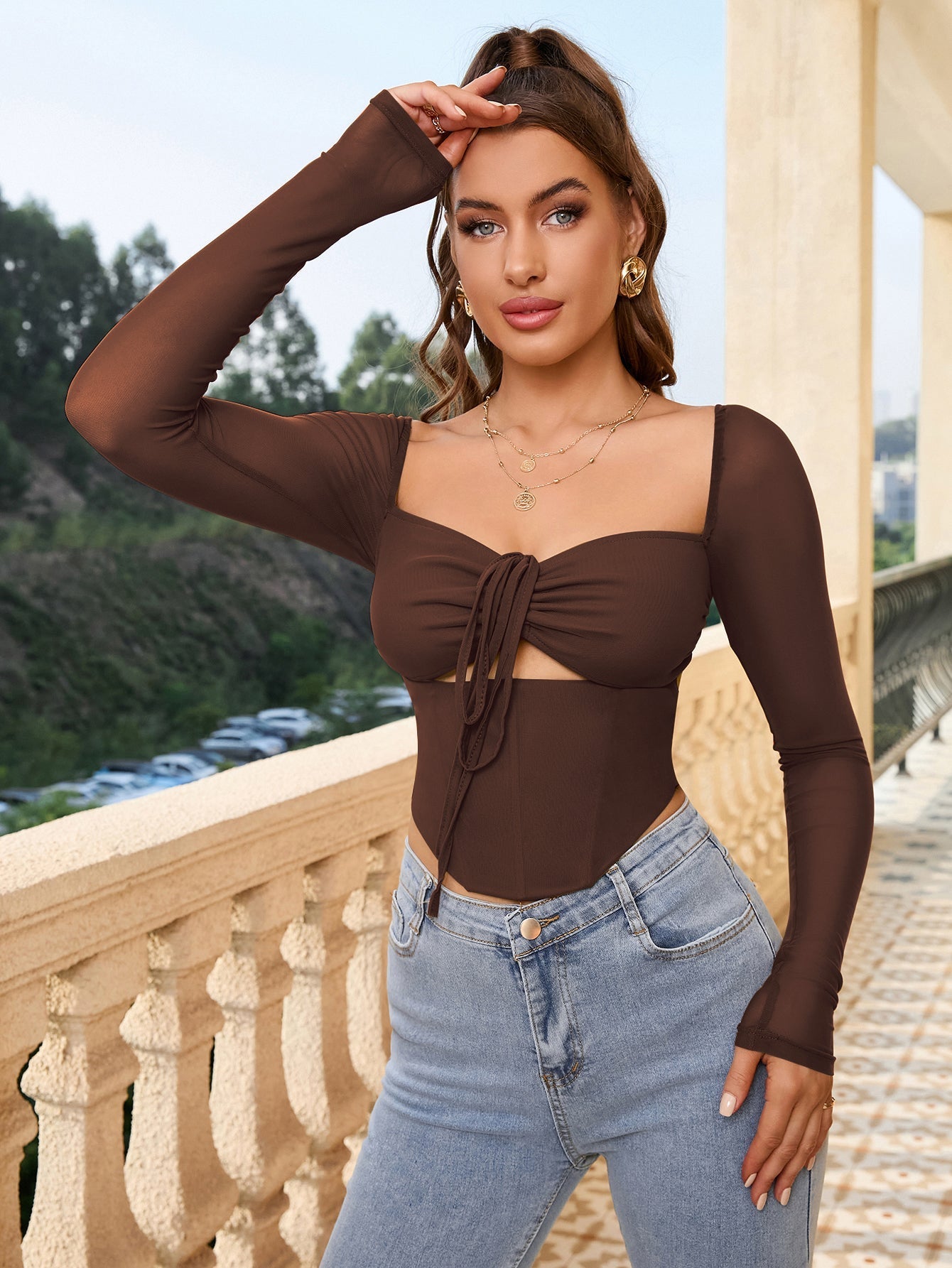 Ribbed Knit Square Neck Tie Front Crop Top - View 10 | WEUXS