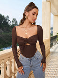Ribbed Knit Square Neck Tie Front Crop Top - View 9 | WEUXS