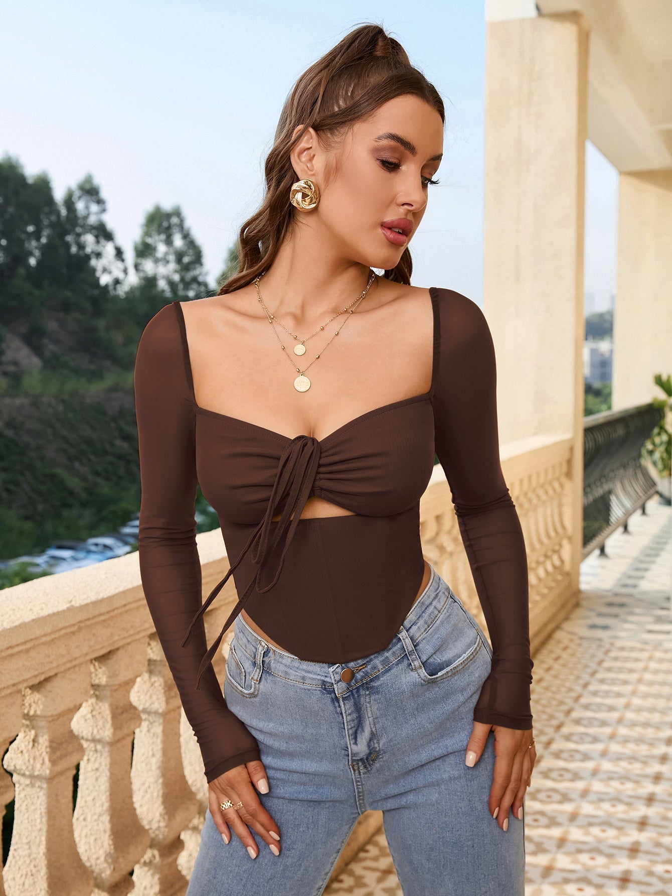 Ribbed Knit Square Neck Tie Front Crop Top - View 9 | WEUXS